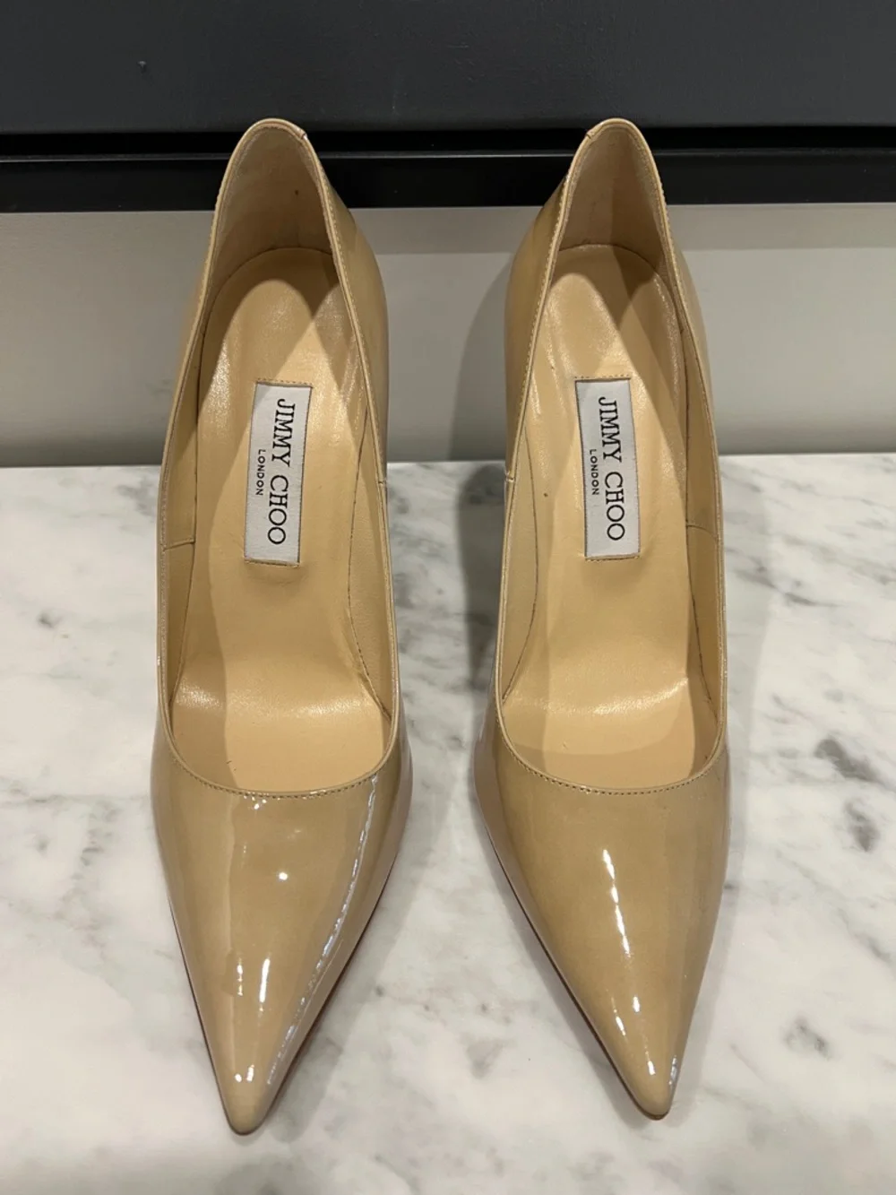 Jimmy Choo Beige Patent Leather Pointed-Toe Pumps - Picture 2 of 9
